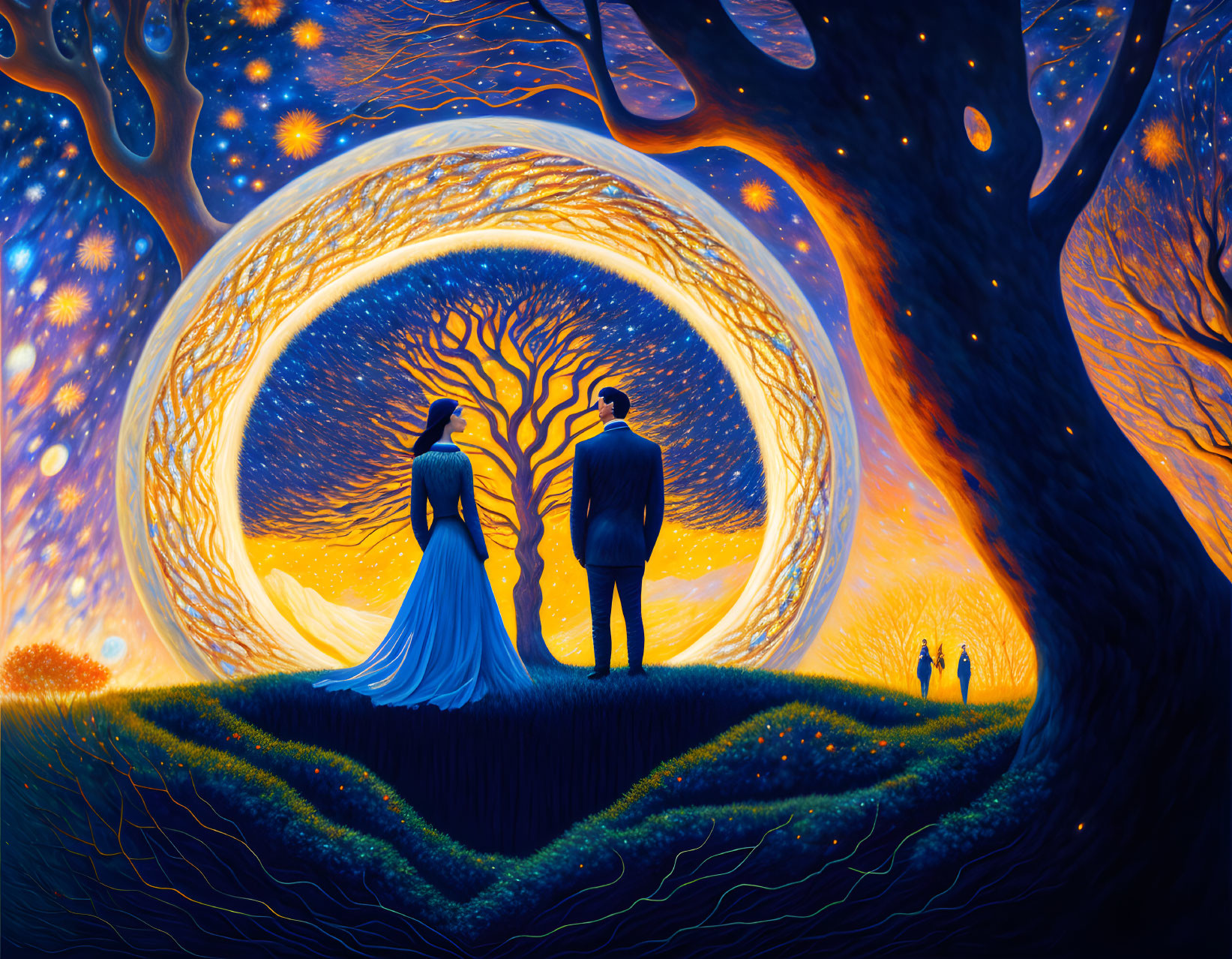 Couple under starry sky in surreal landscape with glowing portal and tree silhouette.