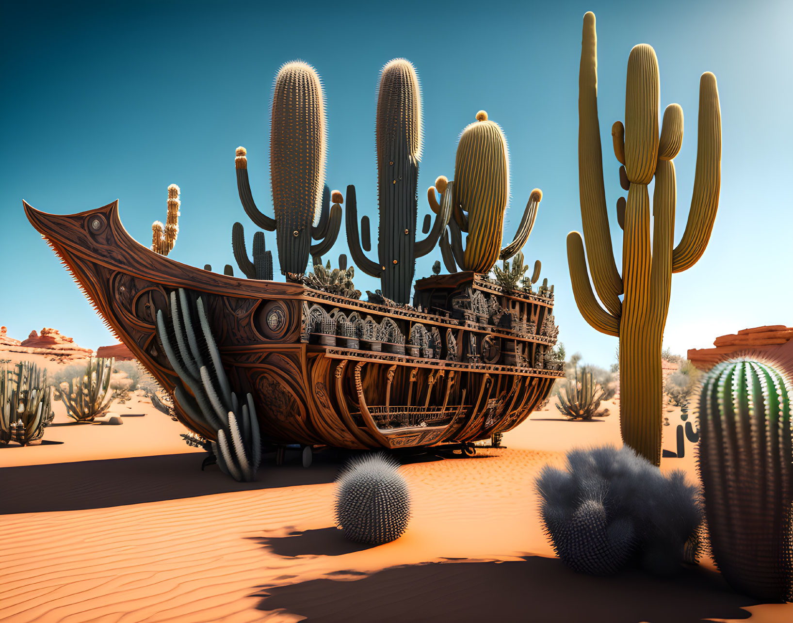 Wooden ship stranded in desert with cacti under blue sky