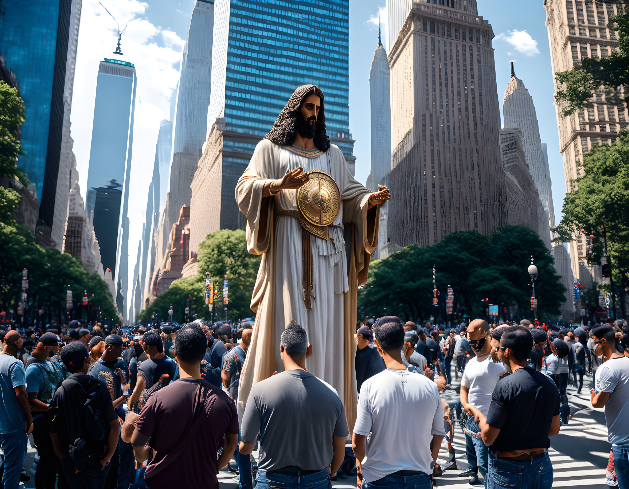 Person in religious attire amidst city crowd and skyscrapers.