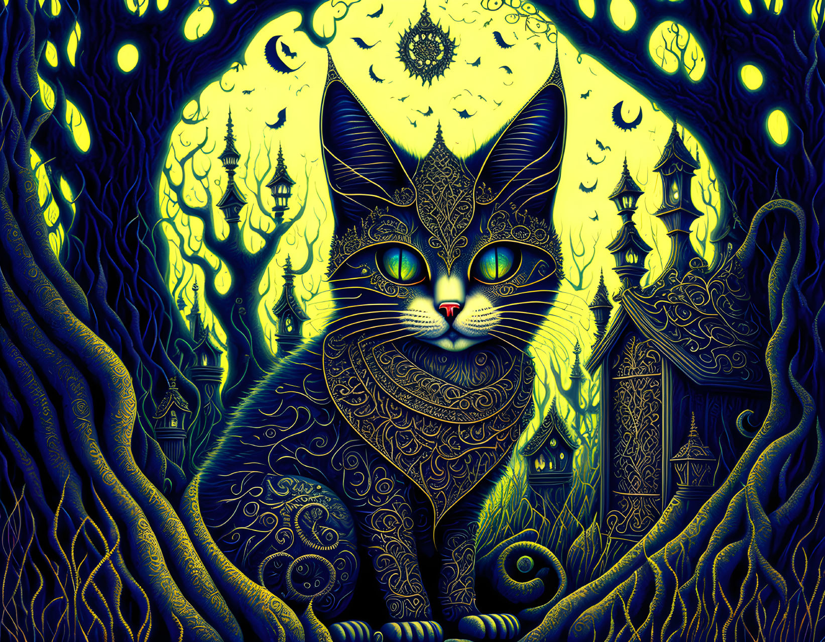 Intricate Black Cat Illustration with Surreal Landscape