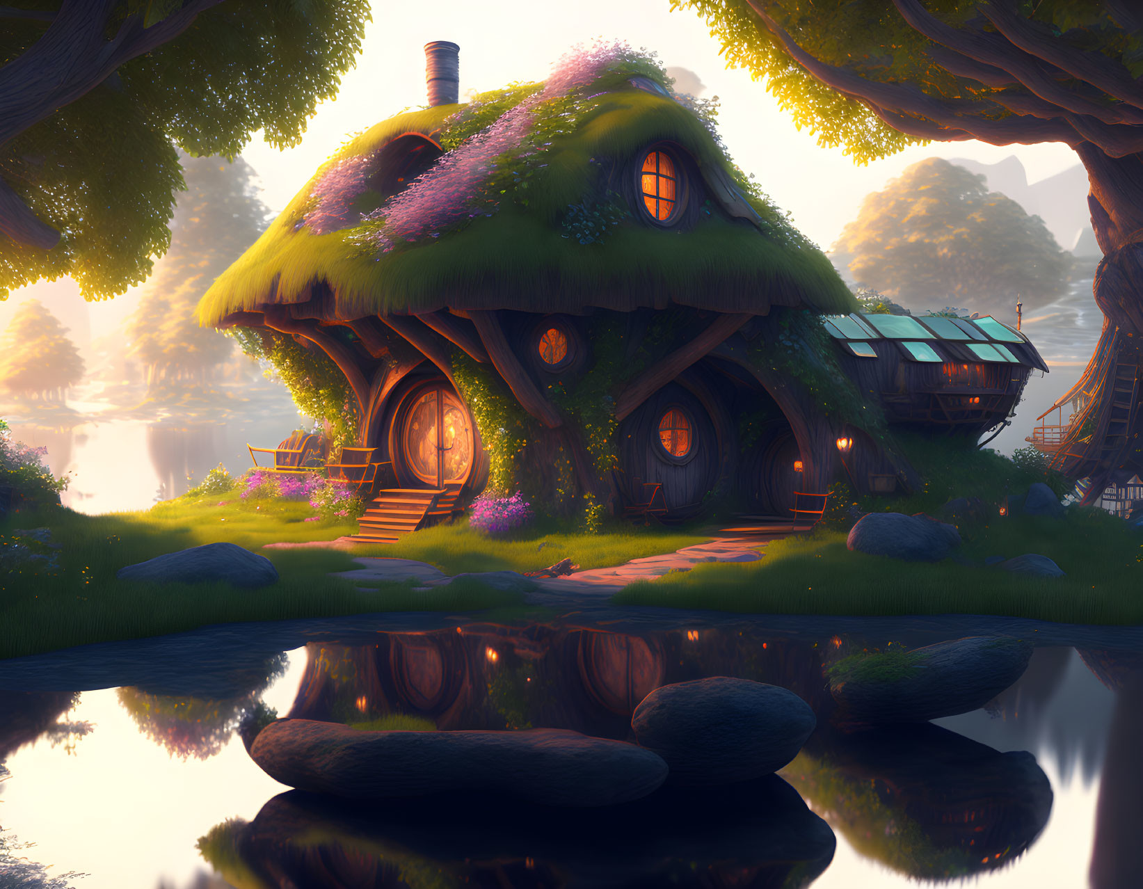 Thatched Roof Cottage in Tranquil Forest at Dusk