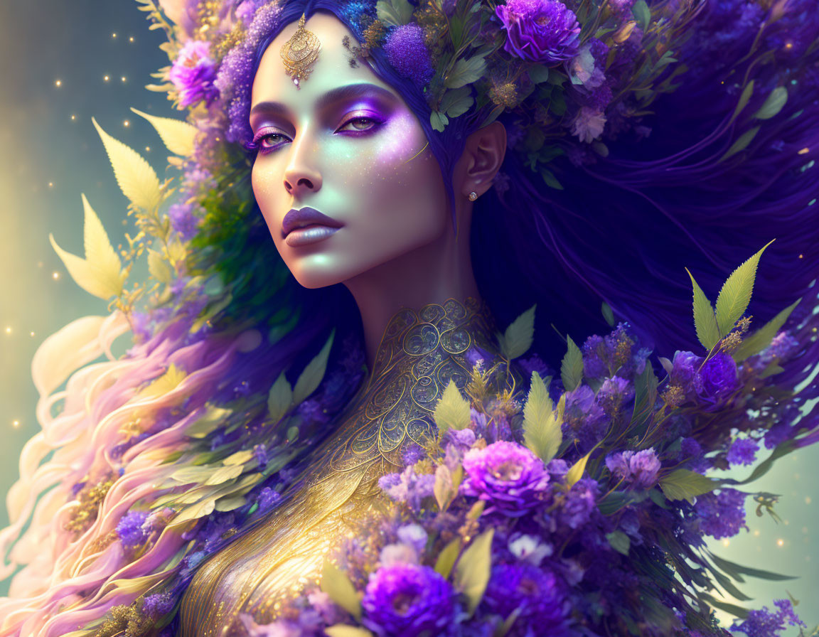 Vibrant floral woman portrait with purple hues