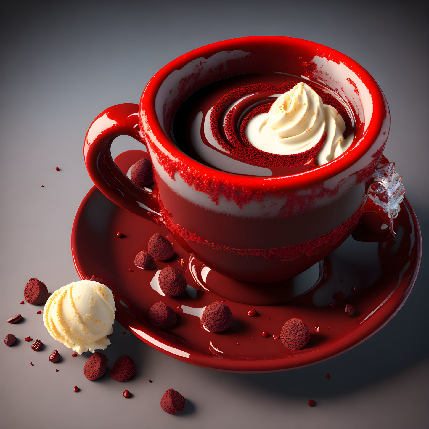 Red cup of hot chocolate with whipped cream and chocolate pieces on saucer