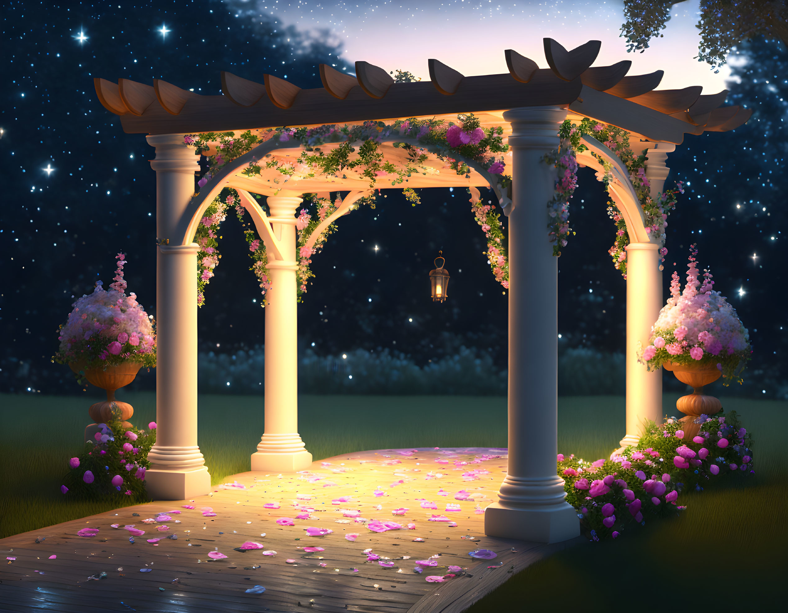 Garden gazebo with blossoms under starry night sky