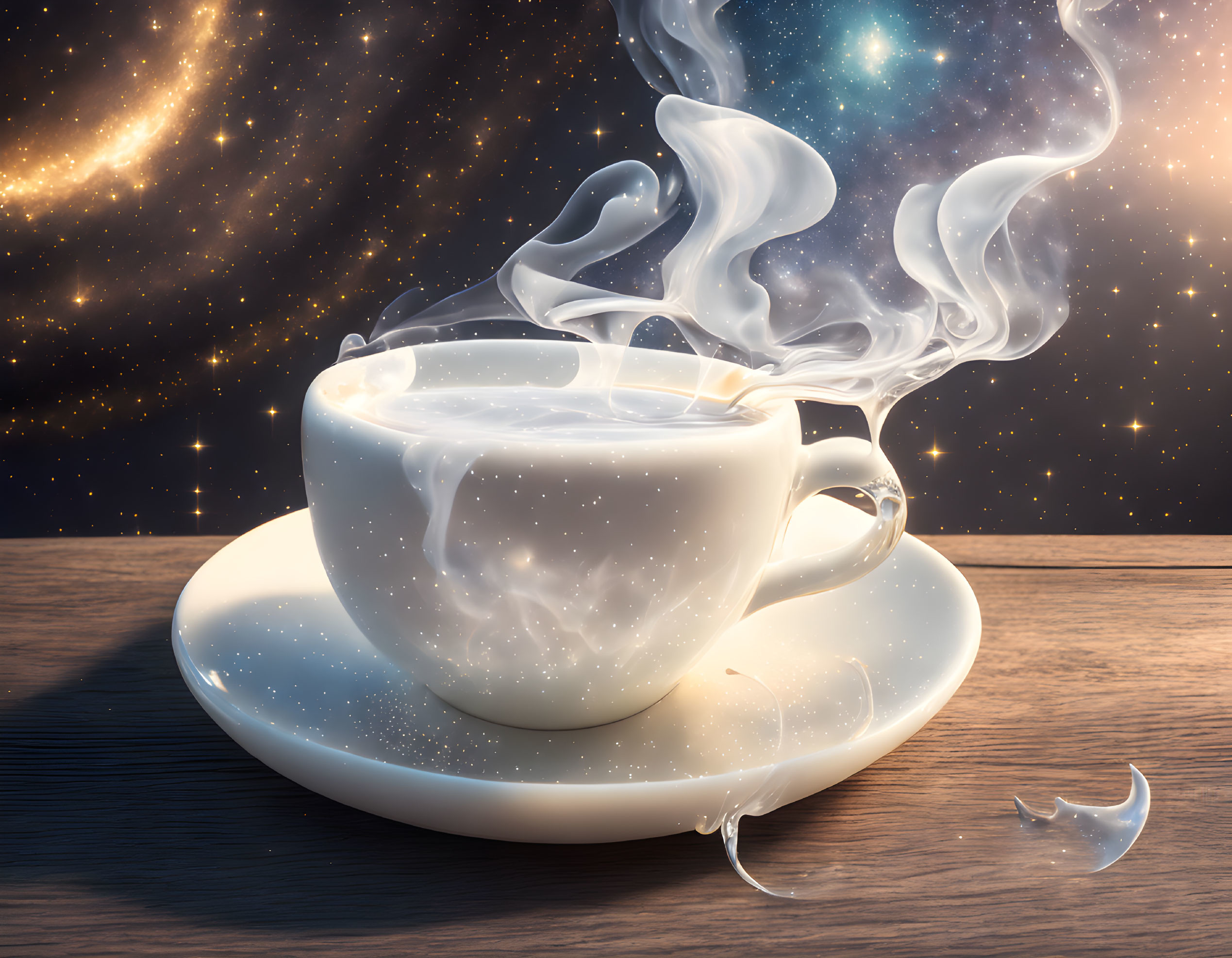 Cosmic-themed steaming coffee cup on starry space backdrop