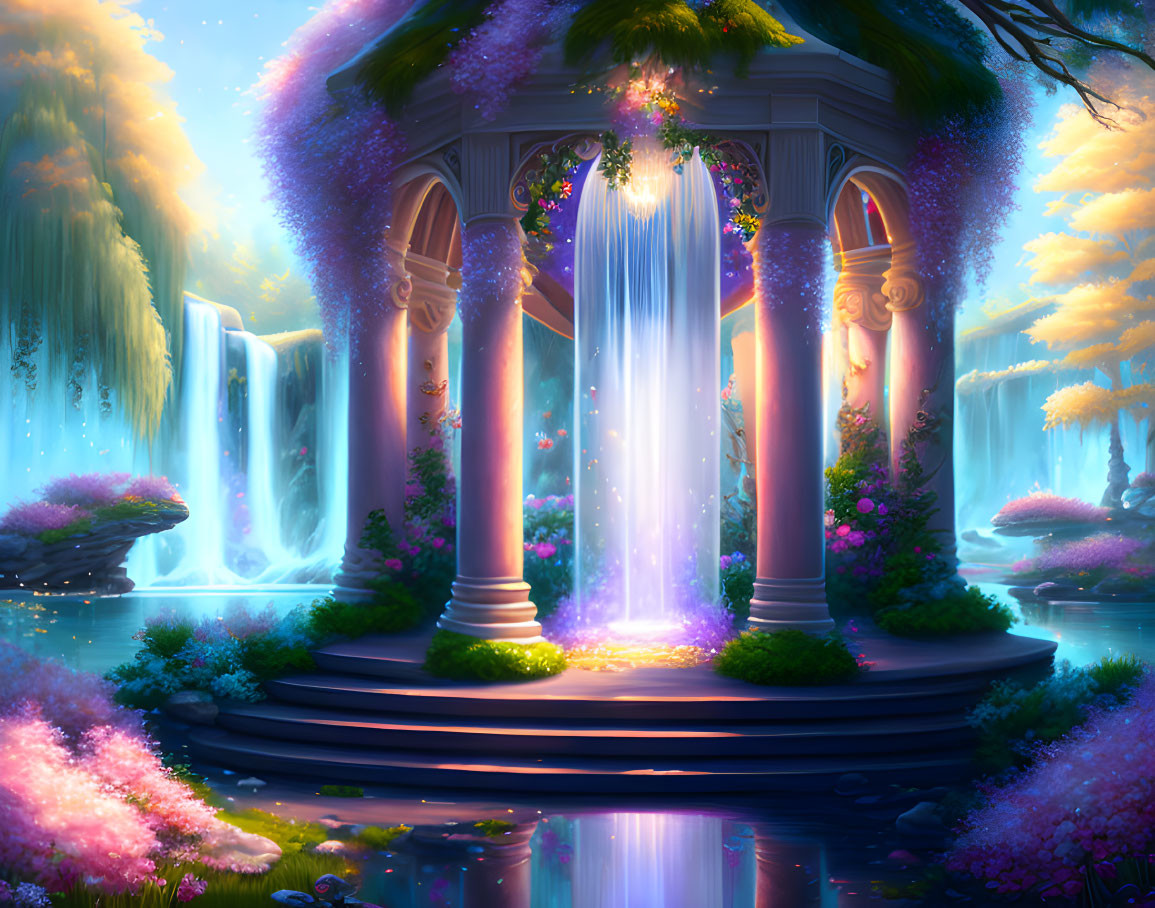 Fantasy garden with classical gazebo, waterfalls, lush flora, glowing light.