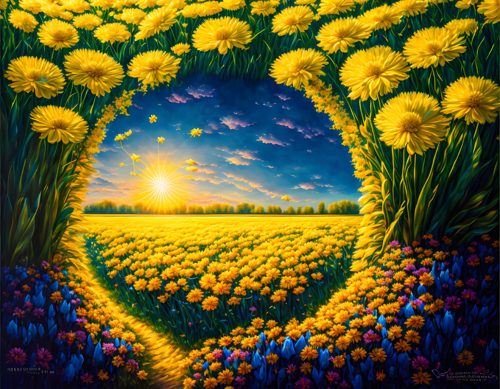 Sunlit Dandelion Field Painting with Heart-shaped Clearing