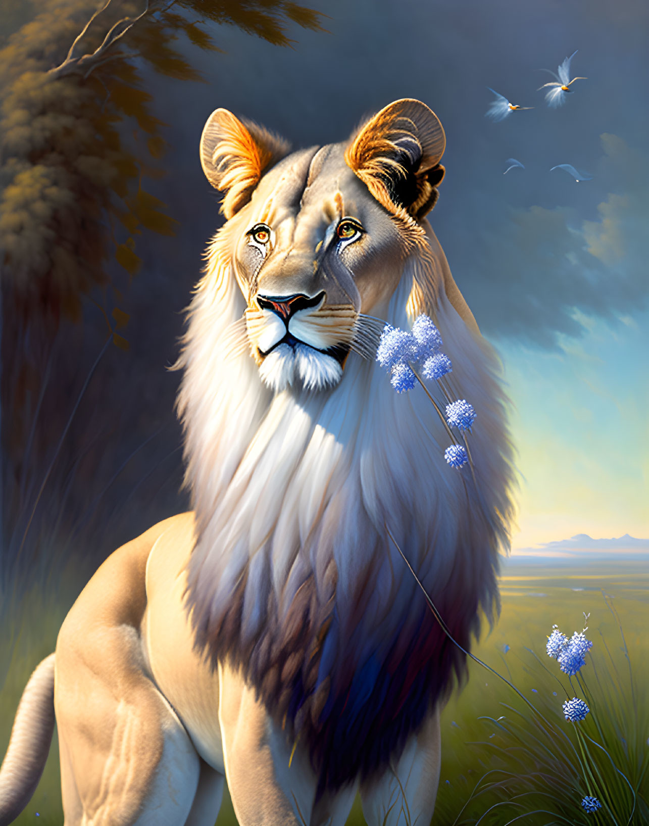 Majestic lion with expressive eyes wearing blue scarf in serene savanna landscape