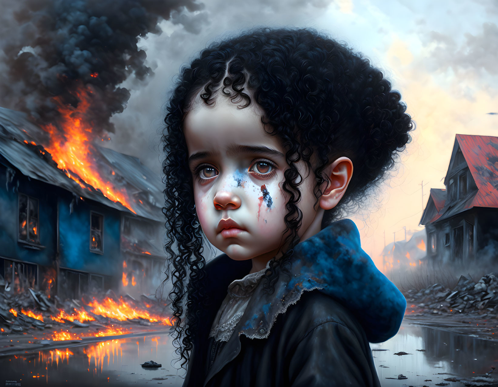 Child with curly hair in front of burning buildings and smoke