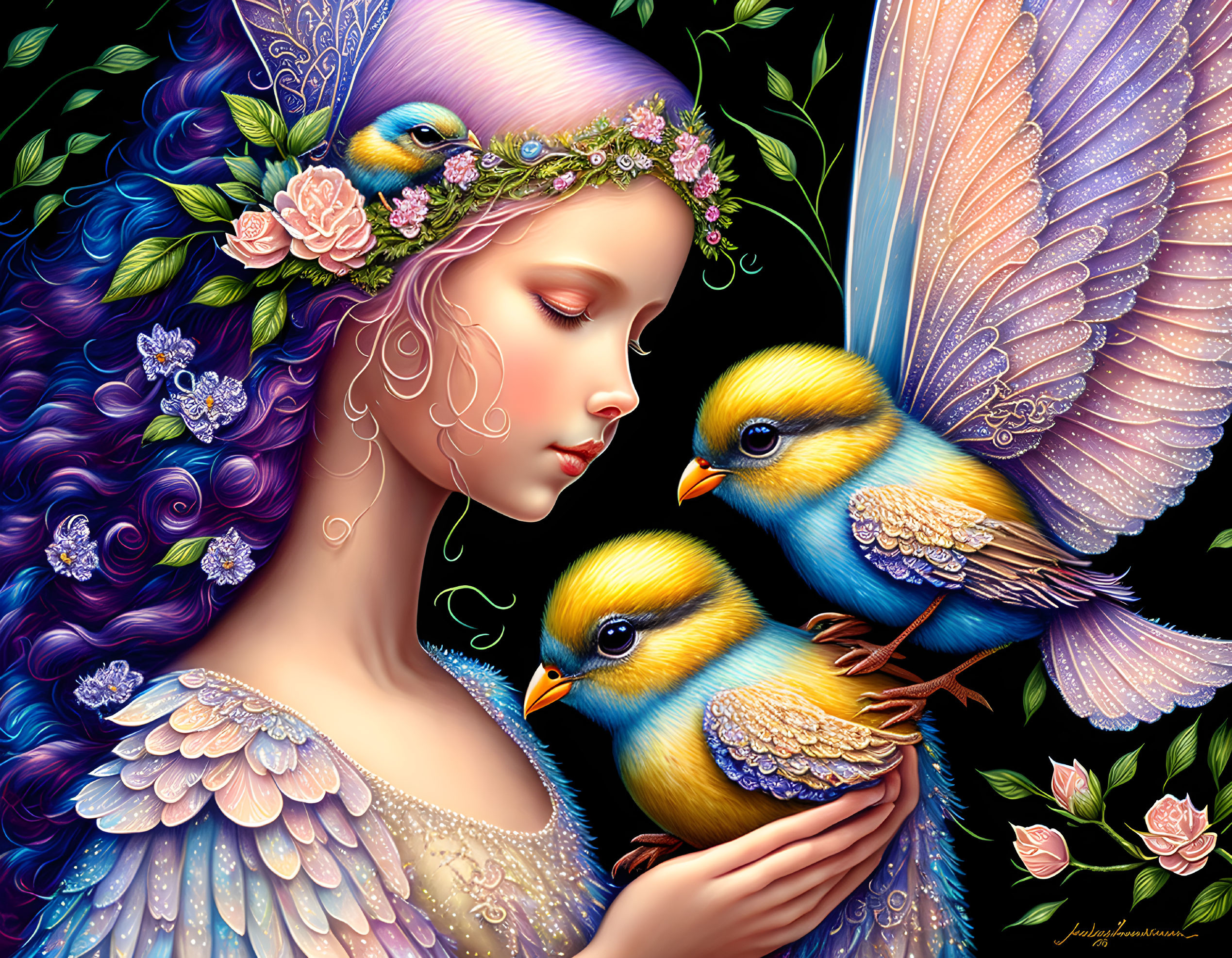 Fantasy illustration: Woman with purple hair, flowers, yellow birds on dark background