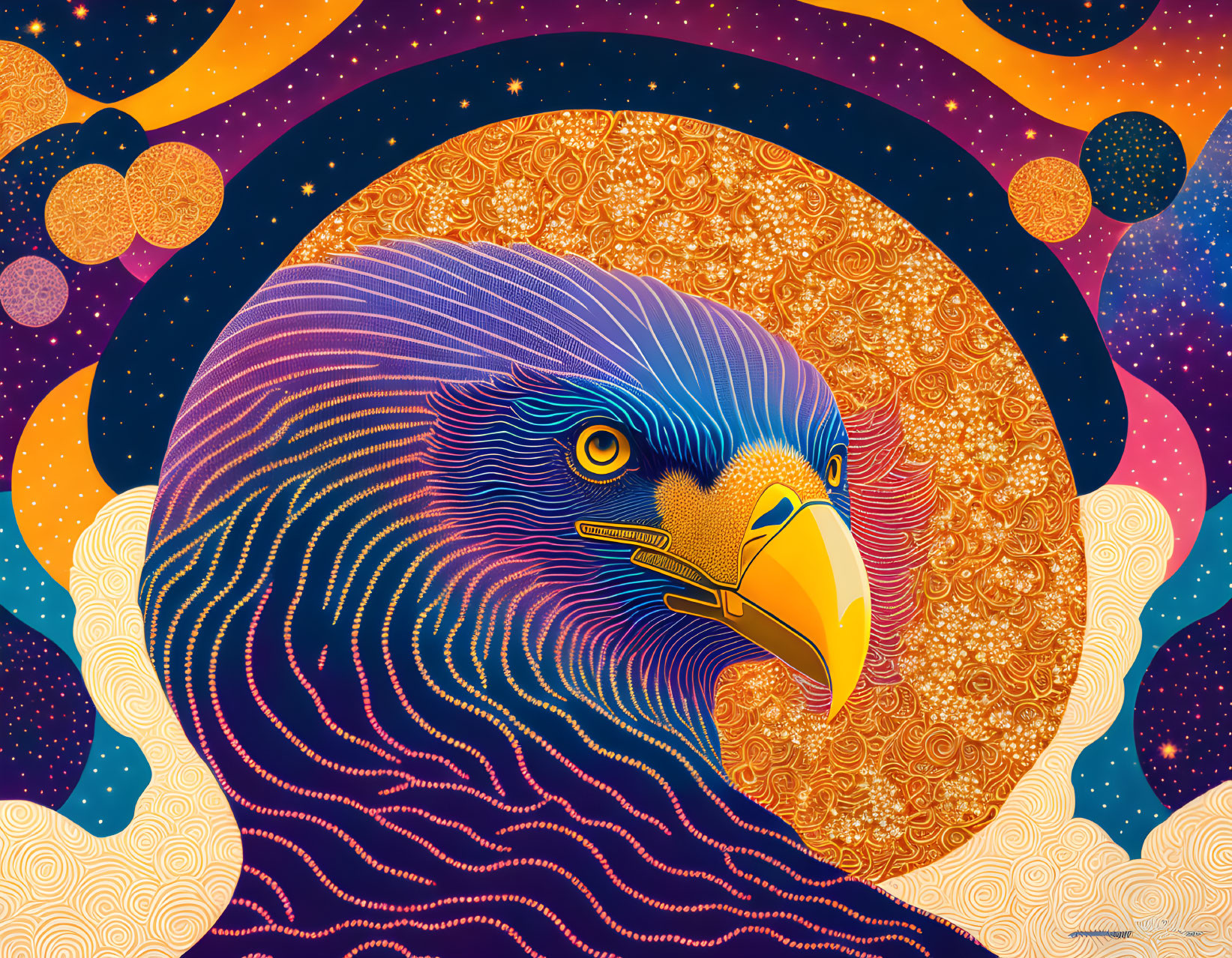 Stylized Eagle with Cosmic Background and Golden Orb