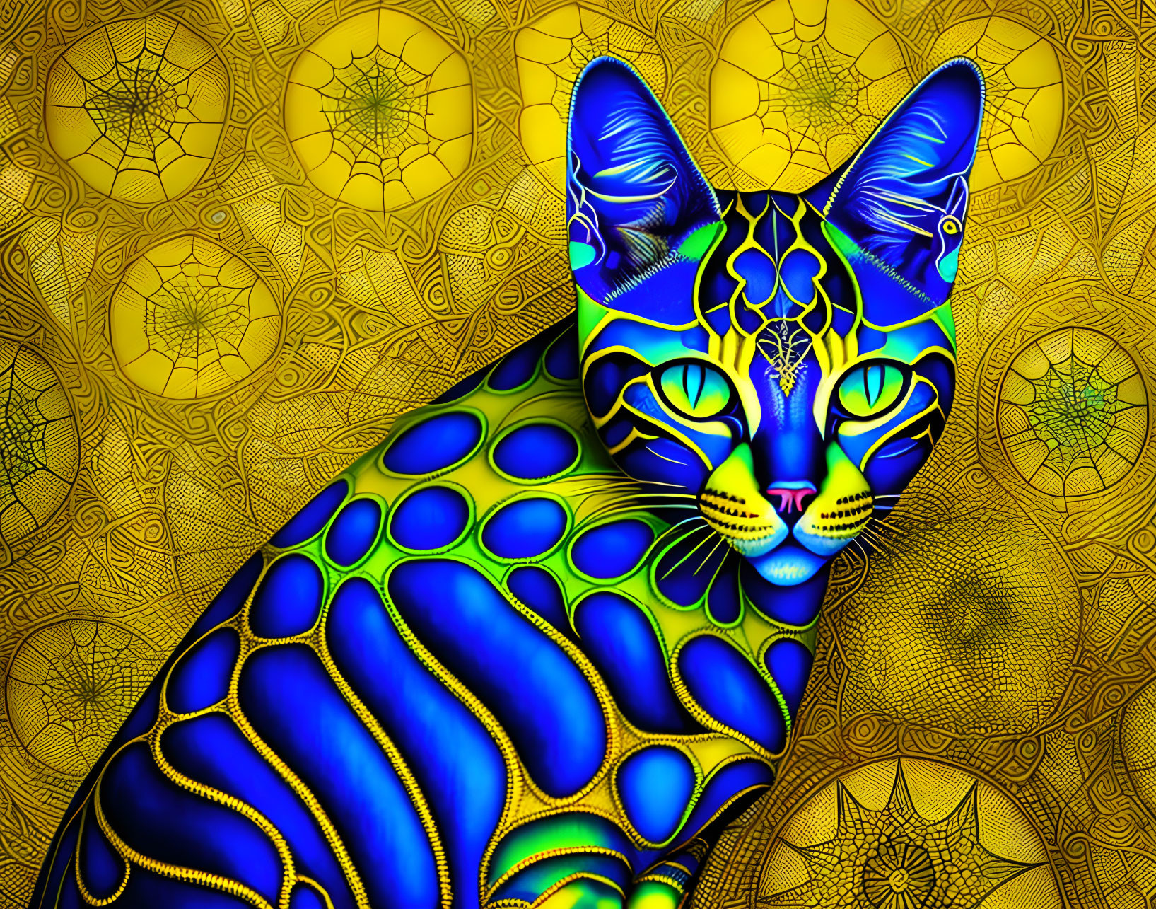 Colorful digital artwork: Blue cat with yellow and green patterns on golden fractal backdrop