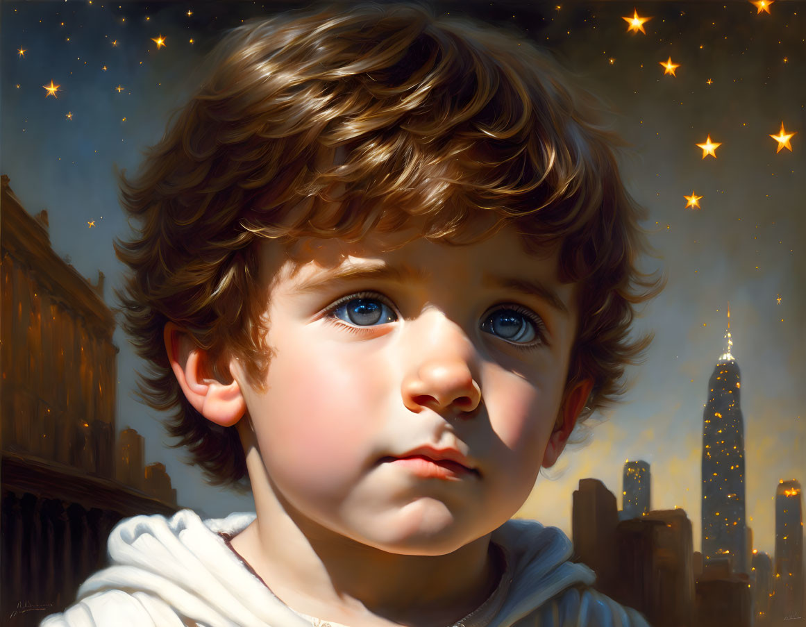 Child with curly hair and blue eyes against starry night sky and city silhouettes