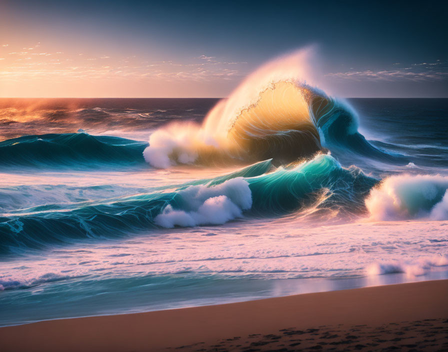 Sunset-lit sky with cresting waves and beach scenery