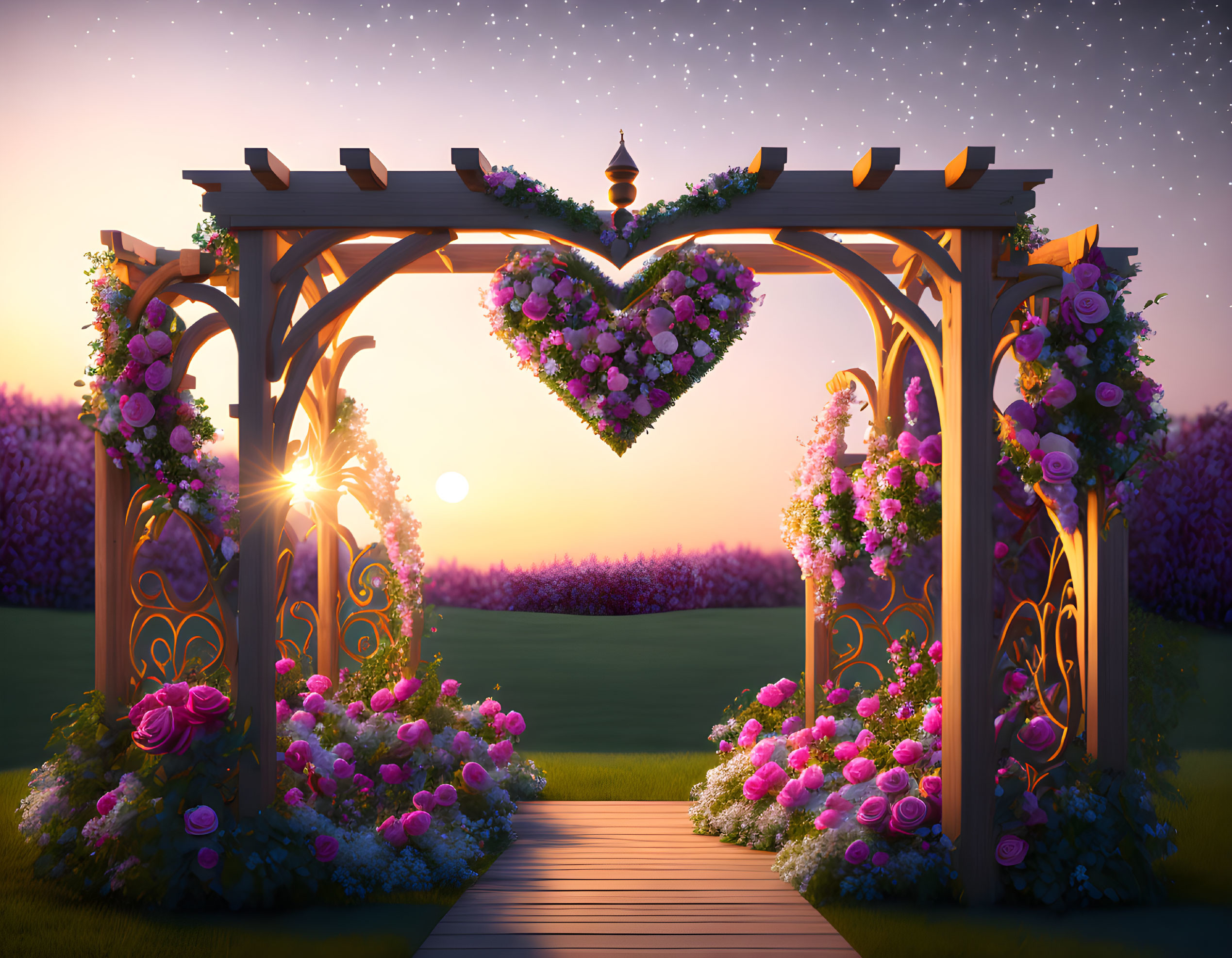 Wooden garden arch adorned with flowers and heart under sunset and starry sky