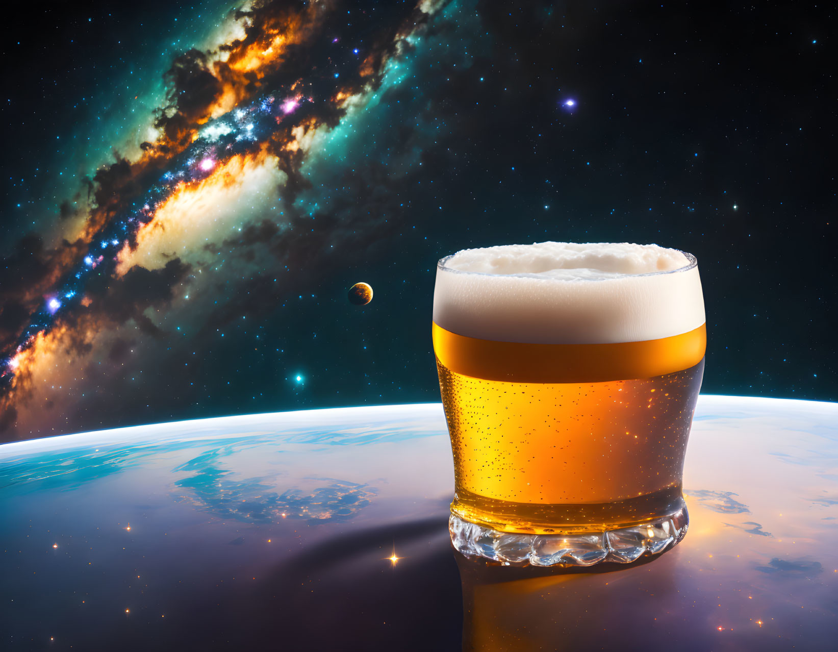 Frothy beer glass on cosmic background with galaxy, stars, and Earth view