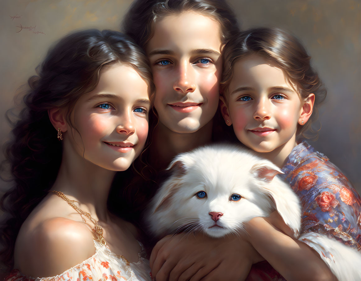 Siblings with blue eyes hug, holding a cat with heterochromia