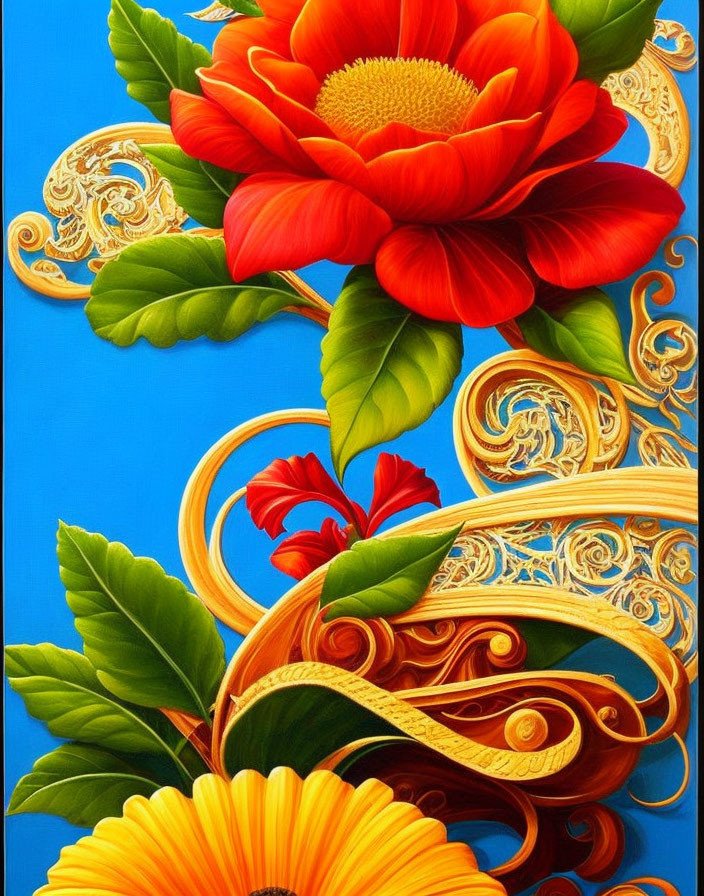 Colorful Floral Painting with Gold Scrollwork on Blue Background