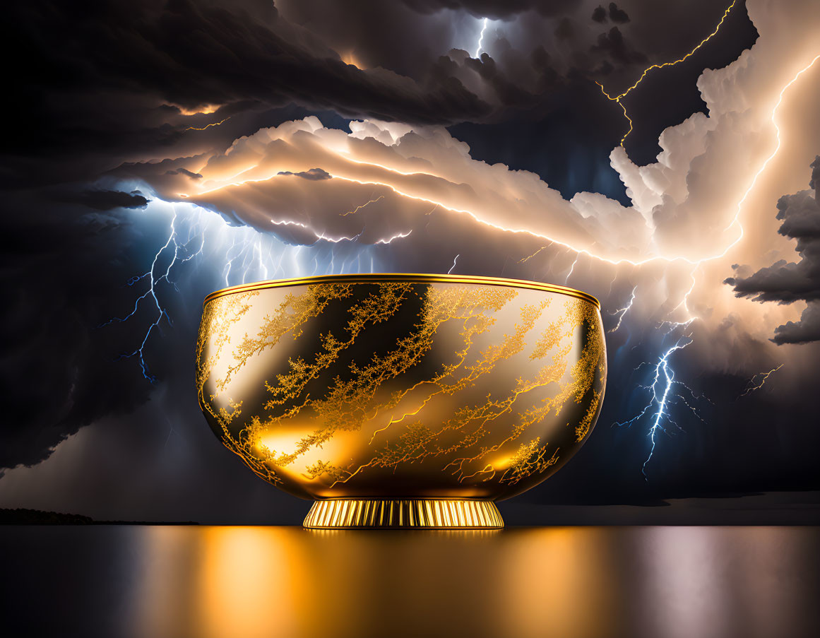 Golden bowl with intricate patterns under dramatic sky with lightning bolts