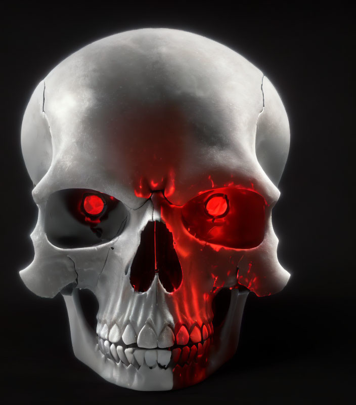 Sinister skull with glowing red eye lights on dark background