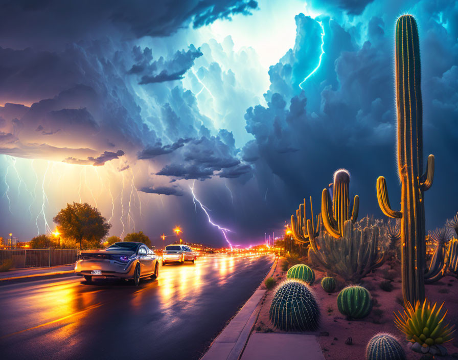 Vivid lightning illuminates dramatic desert storm