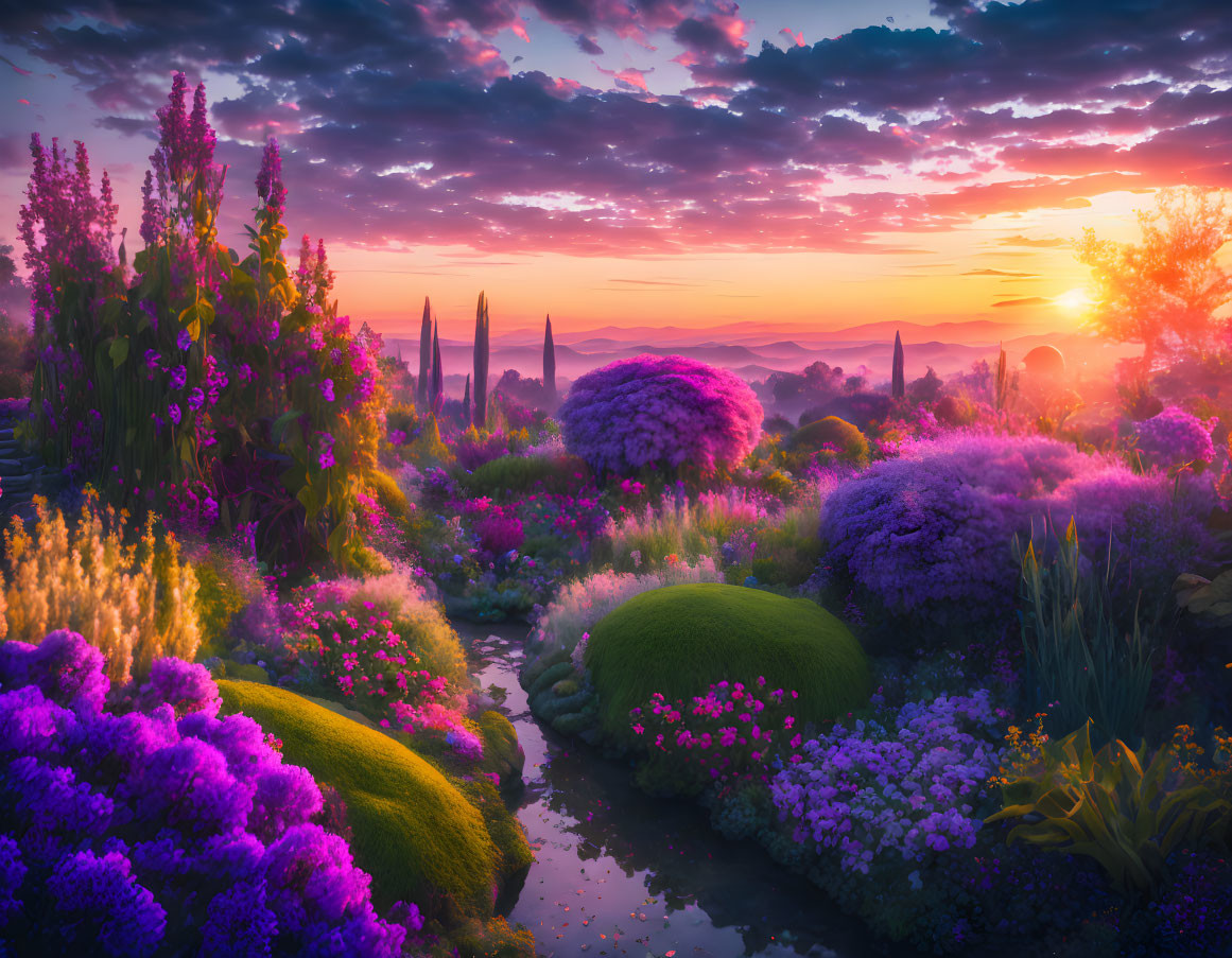 Colorful Sunset Garden with Purple and Pink Flowers