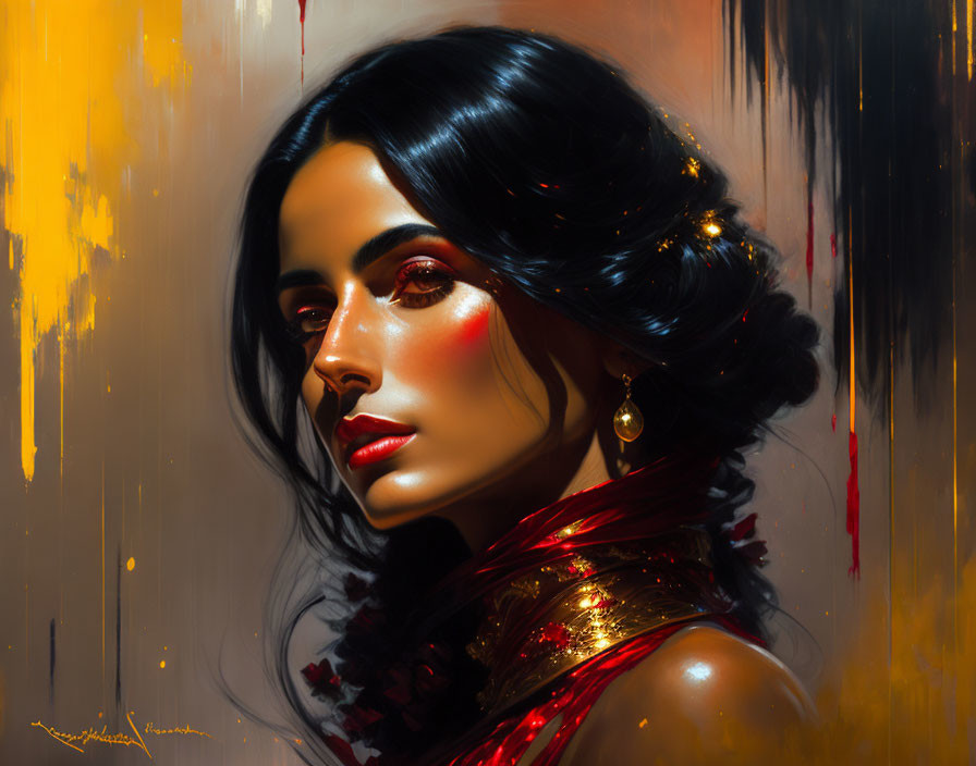 Portrait of Woman with Dark Hair and Red Accents on Golden Background