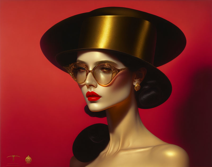 Stylized portrait of woman with red lipstick and black hat on red background