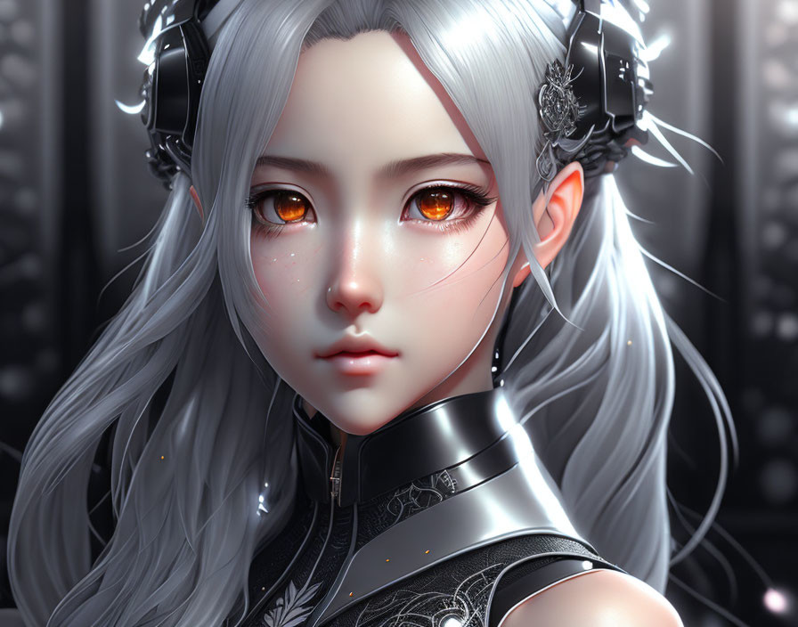 Digital art portrait of female character with red eyes, silver hair, ornate accessories, detailed armor