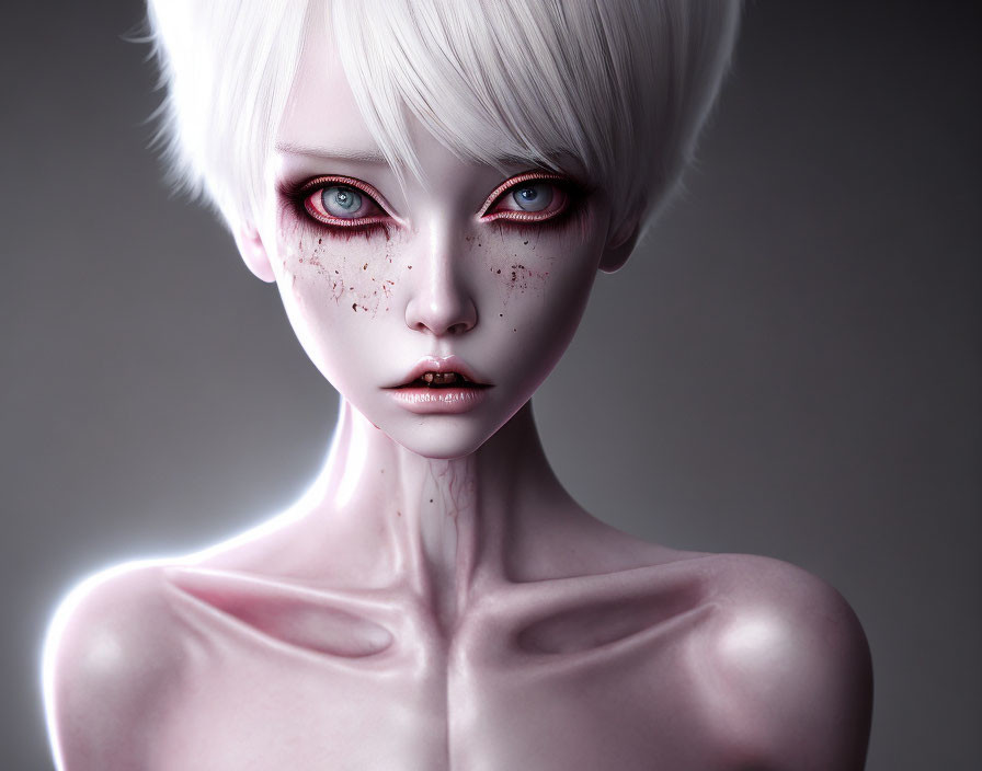 Pale-skinned 3D-rendered figure with white hair and red eyes.