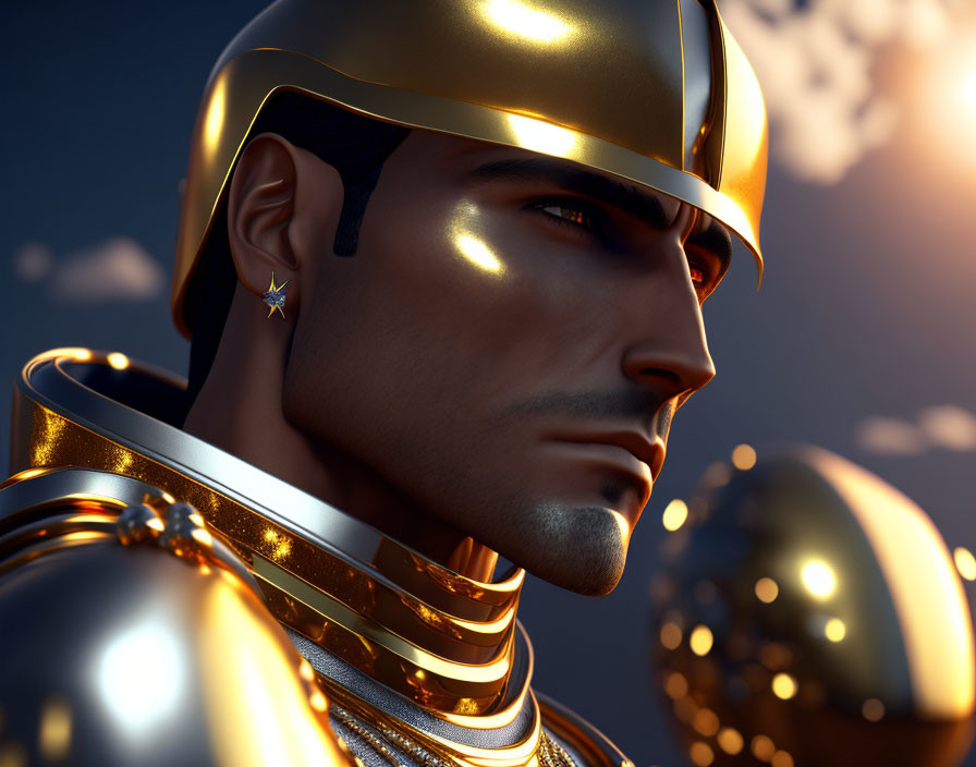 Futuristic man in golden armor with helmet under blue sky