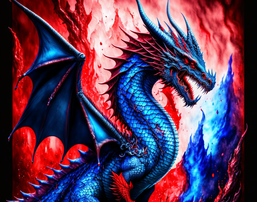 Blue dragon with large wings and sharp spikes in flames.