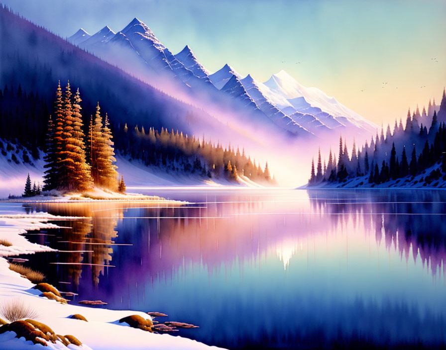 Serene mountain lake at sunrise with snow-capped peaks and pine tree reflections