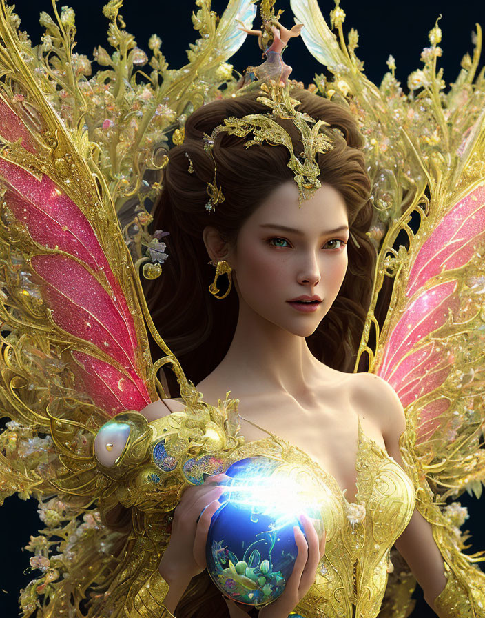 Regal fairy with golden wings and magical orb on dark backdrop