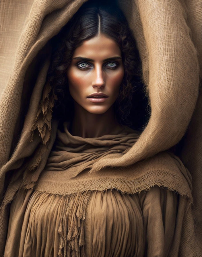 Intense blue-eyed woman in earth-toned fabrics with a captivating gaze