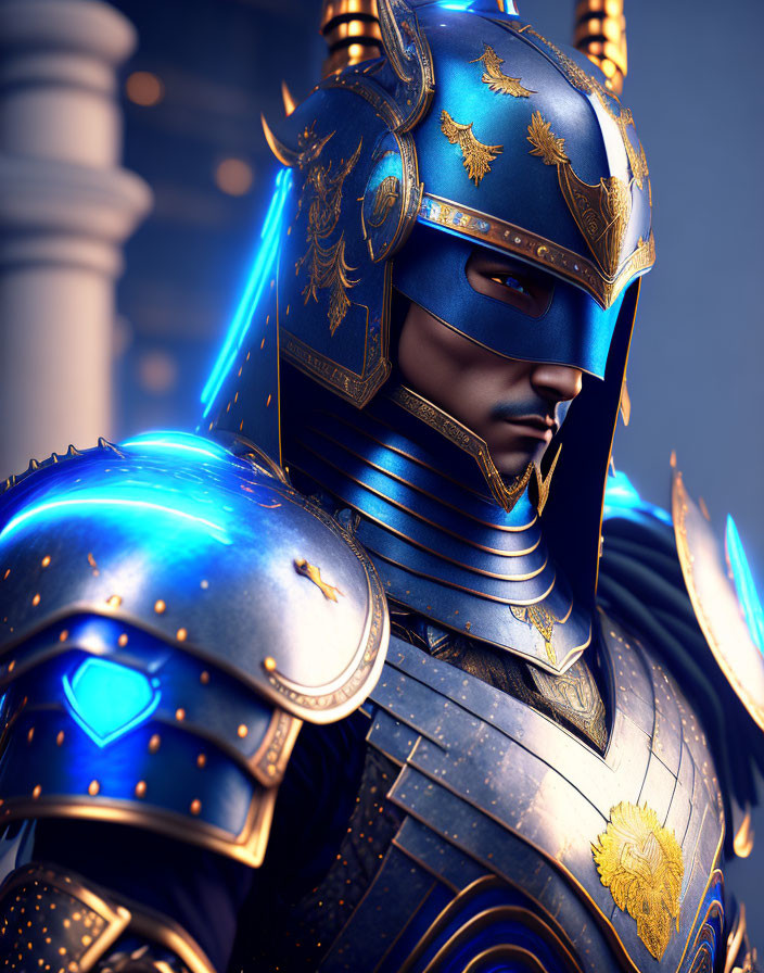 Detailed Rendering of Knight in Blue and Gold Armor with Glowing Elements