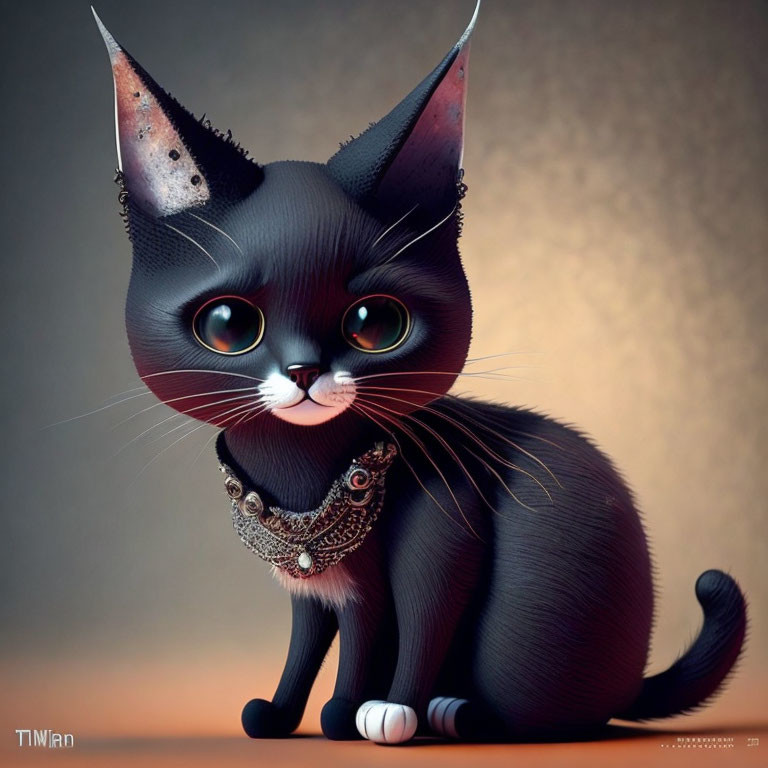 Stylized black cat digital art with expressive eyes and jewelry