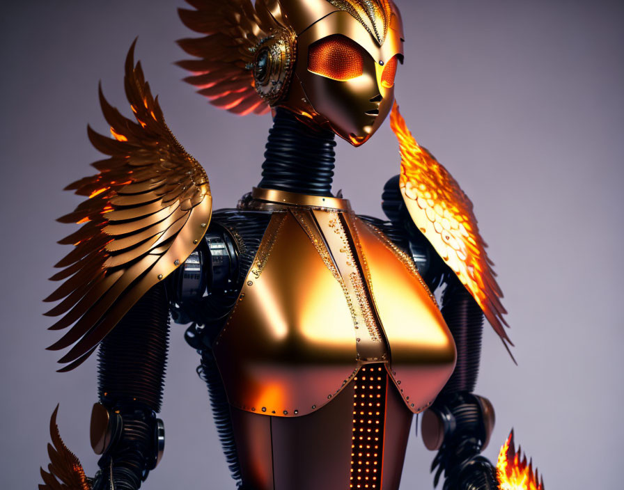 Golden humanoid robot with intricate designs and mechanical wings.