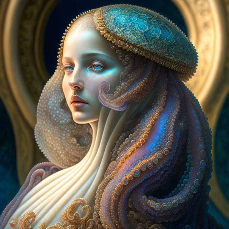 Digital artwork featuring woman with ornate tentacle-like hair patterns, blue eyes, and intricate gold he