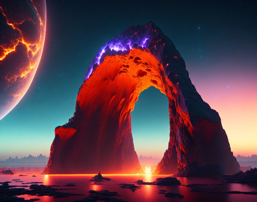 Fantastical landscape with glowing lava river and cosmic backdrop