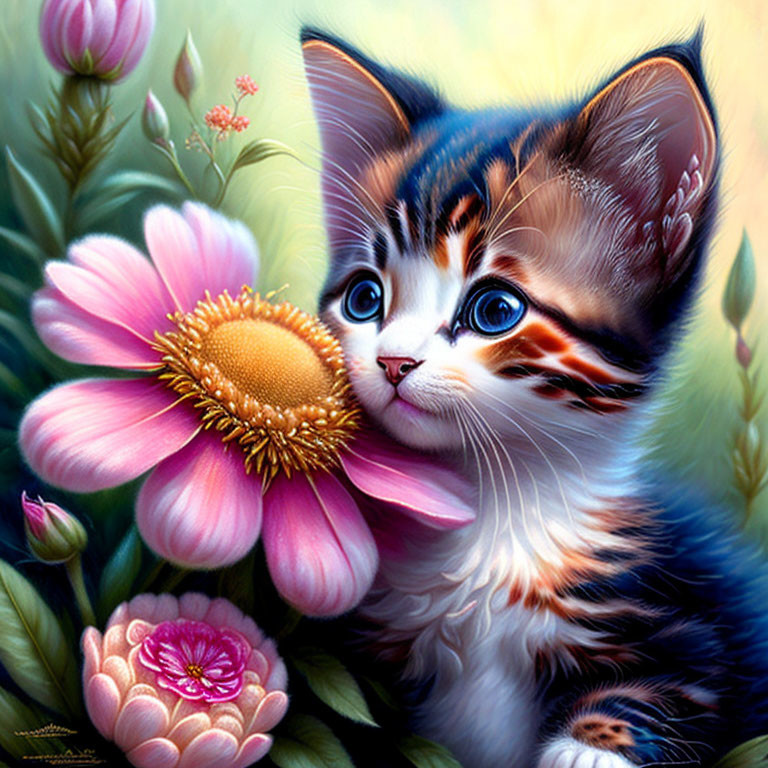 Adorable kitten surrounded by pink flowers and whimsical background