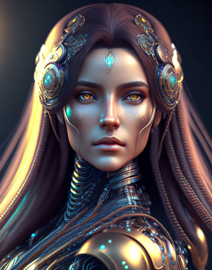 Fantasy illustration of female with mechanical features and glowing eyes