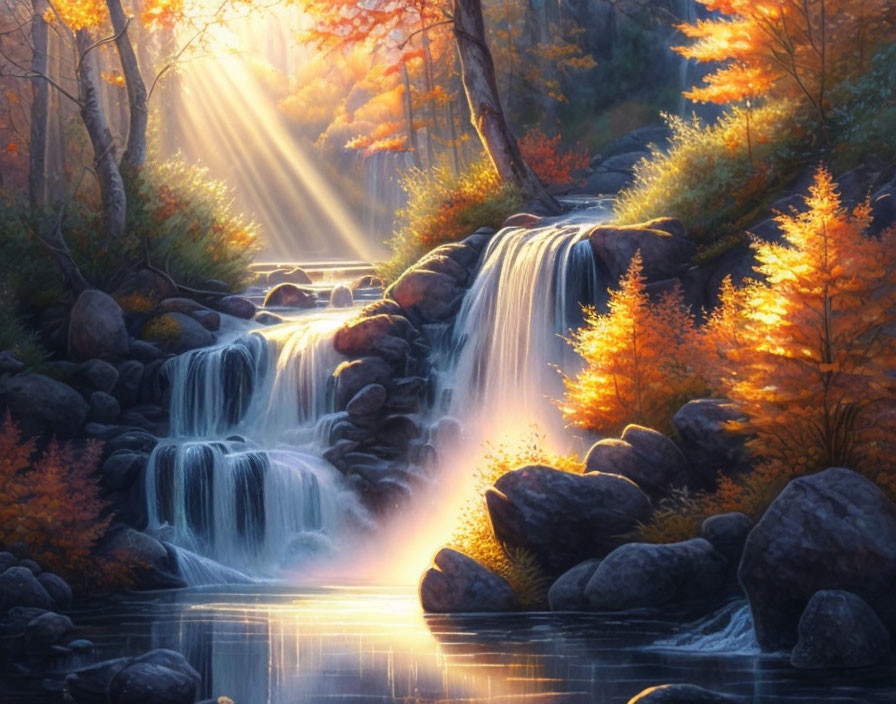 Autumn Waterfall Illuminated by Sunbeams in Forest