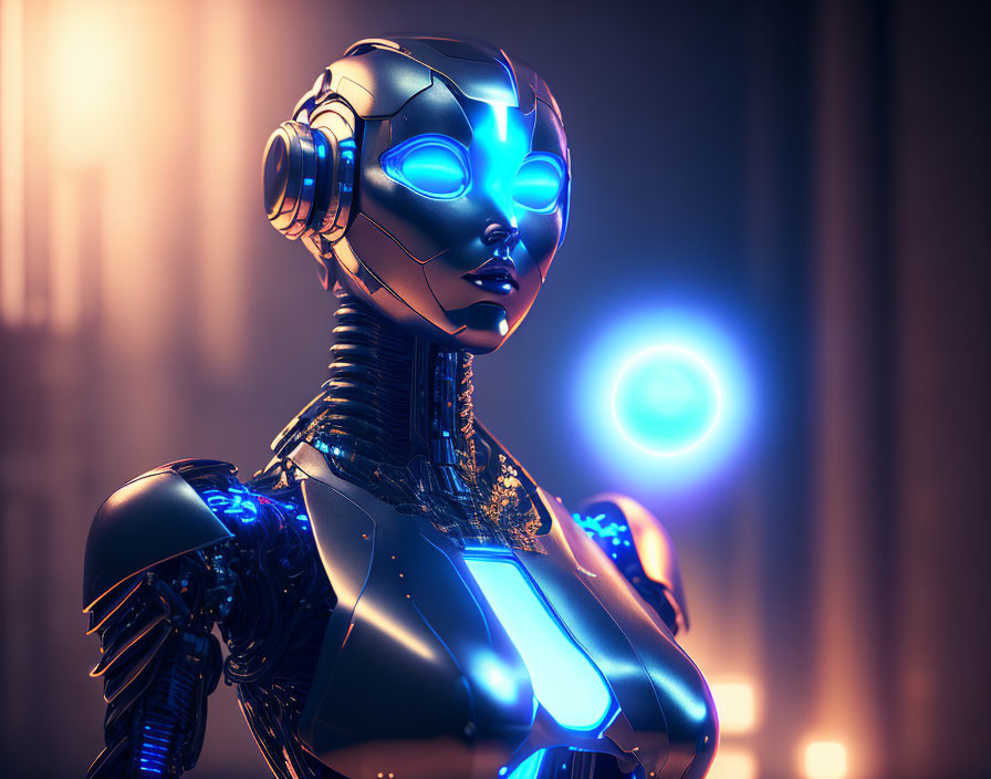 Intricate design female robot with glowing blue elements on warm background