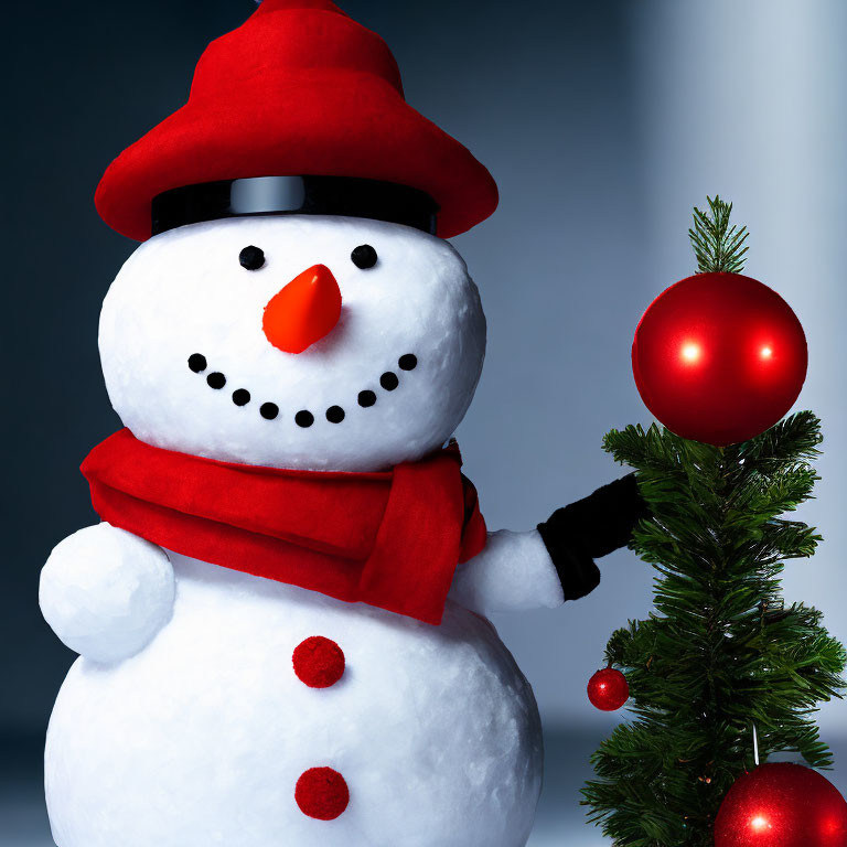 Cheerful snowman with red scarf and hat next to small Christmas tree on blue background