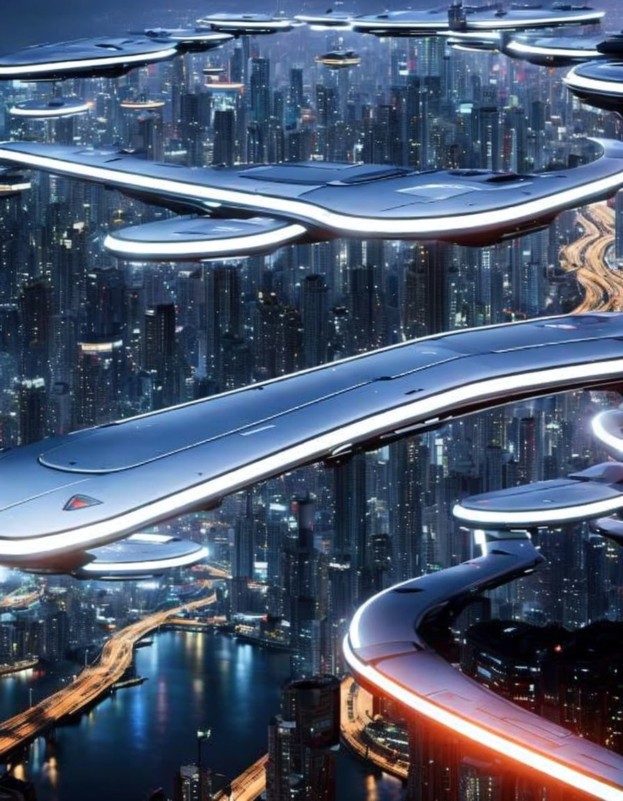 Futuristic night cityscape with illuminated roadways and flying vehicles