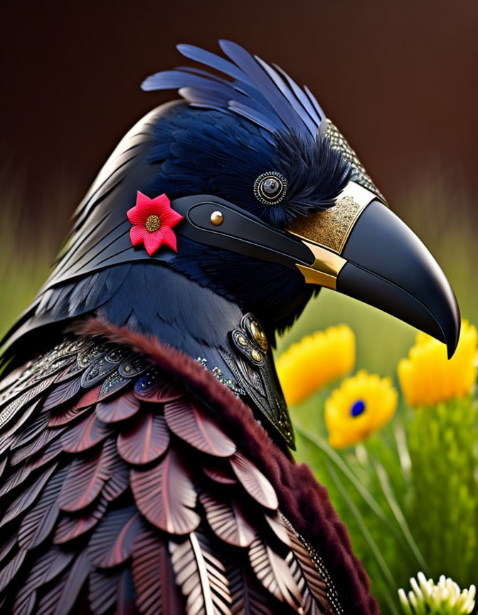 Detailed digital artwork: Stylized raven with metallic accents and red flower