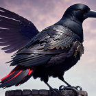 Mechanical crow art with metal feathers and red accents on stone pillar in dusky setting