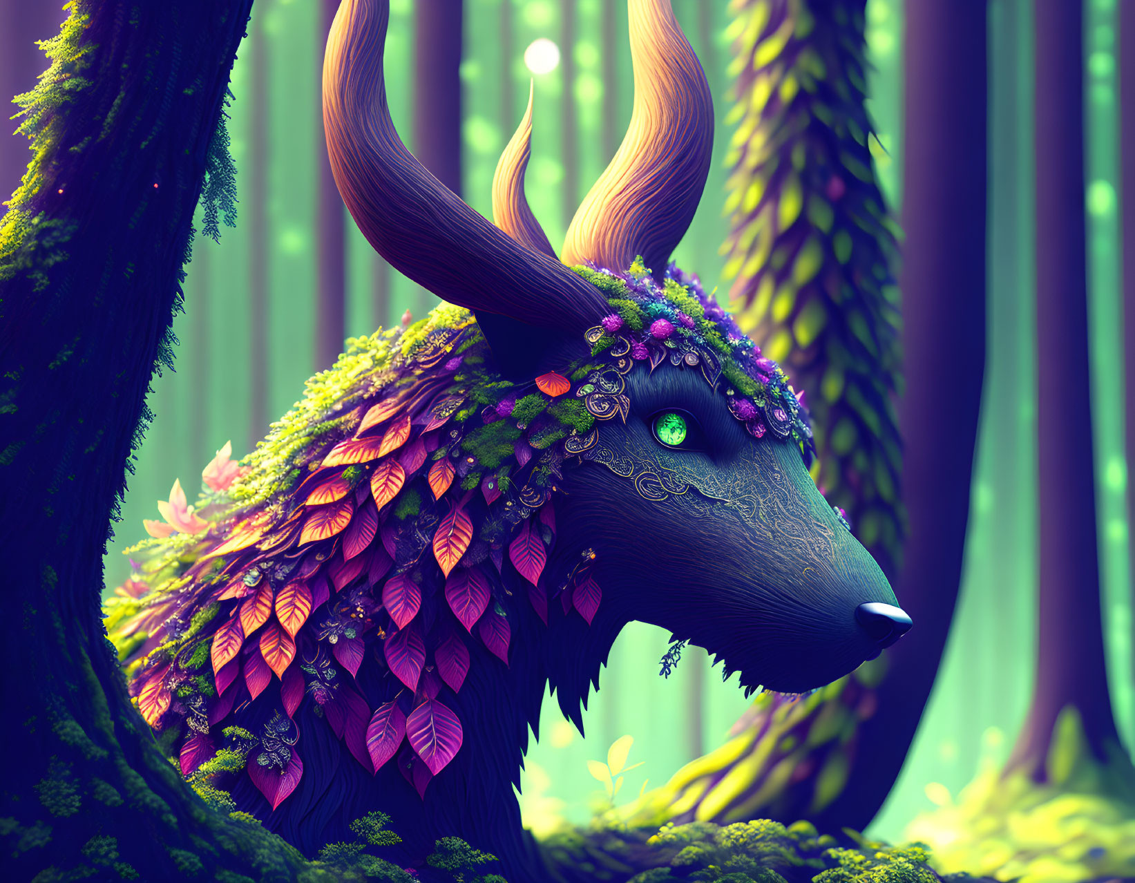 Mystical creature with antlers in vibrant forest adorned with flowers and leaves