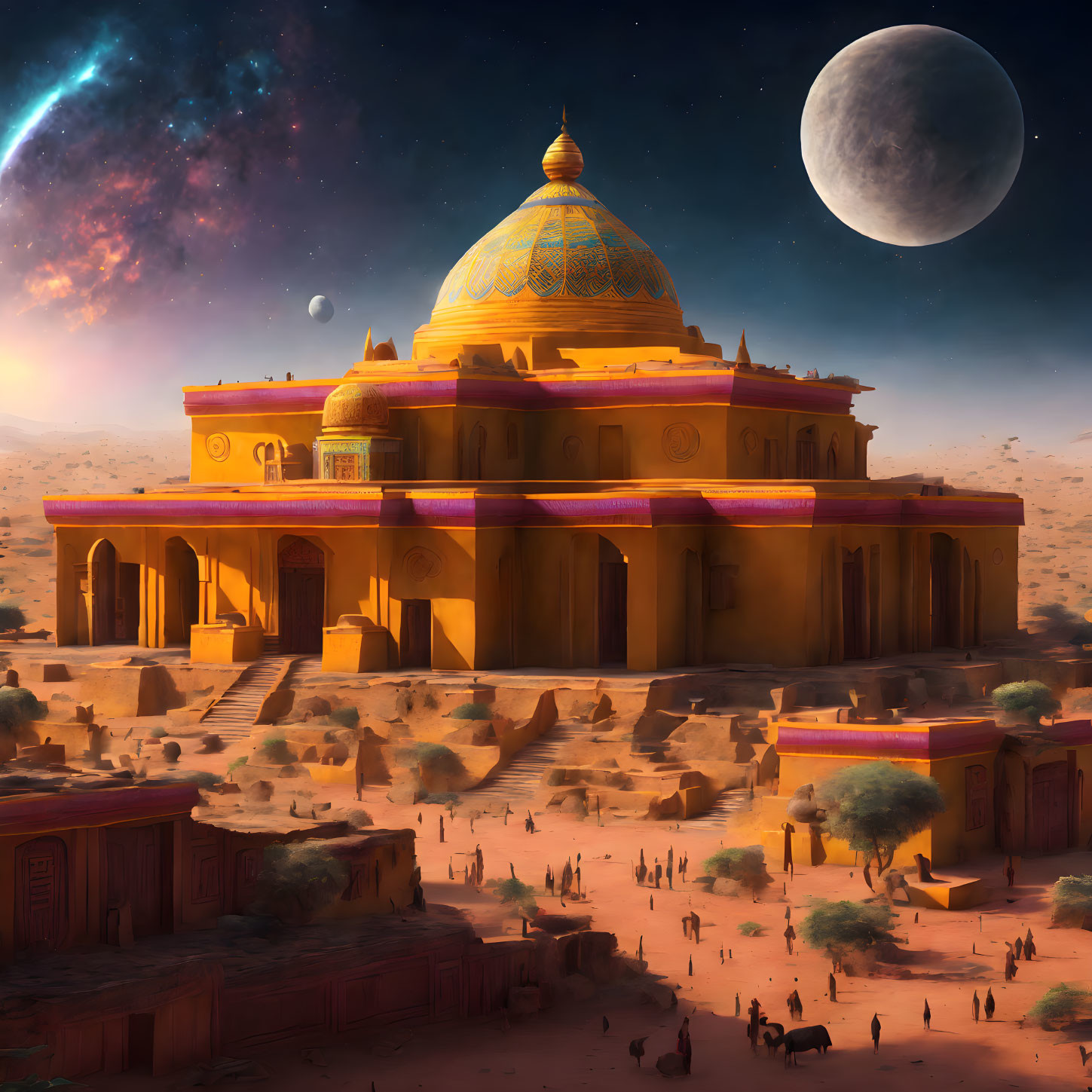 Golden-domed palace in desert at dusk with people, camels, galaxy, and large moon.